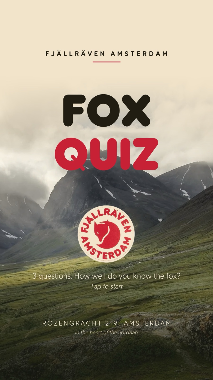 Fjällräven Amsterdam Instagram story: Fox Quiz opener over a Swedish mountain landscape, three questions, Rozengracht 219